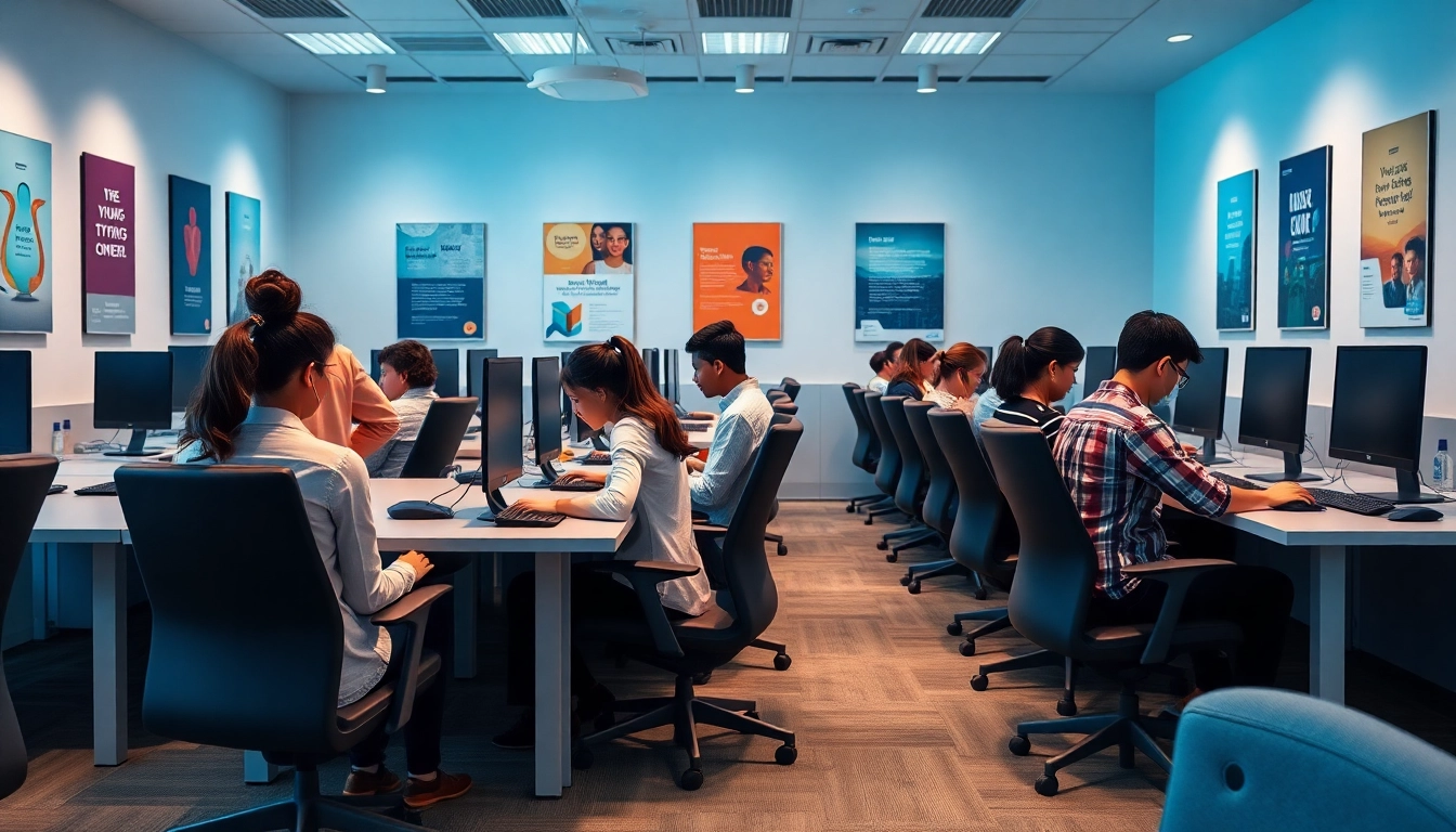 Individuals engaged in typing practice at a professional typing center with motivating surroundings.