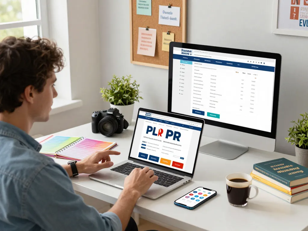 Discovering PLR Digital Products for Sale in a vibrant home office.