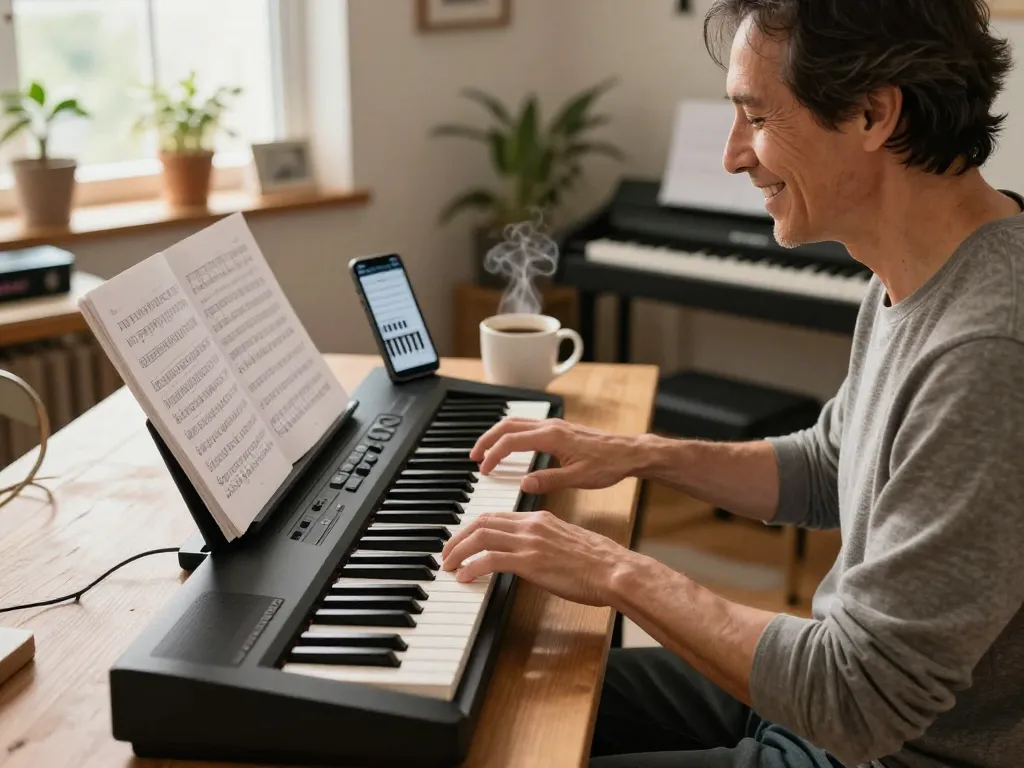 Person joyfully playing the GO 88 digital piano in a cozy home setting, enhancing creative musical learning.