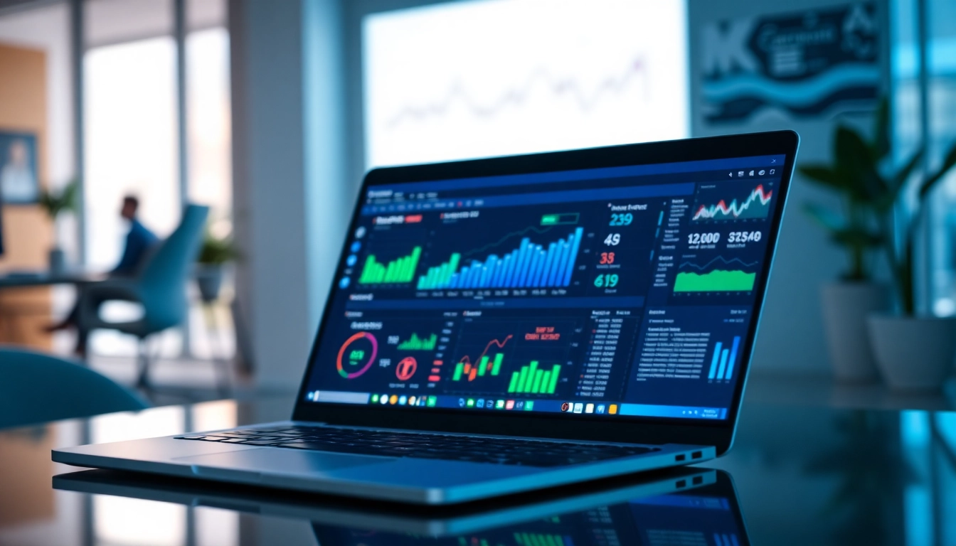 Visualizing AI for competitive intelligence tools with data analytics on a laptop in a modern office.
