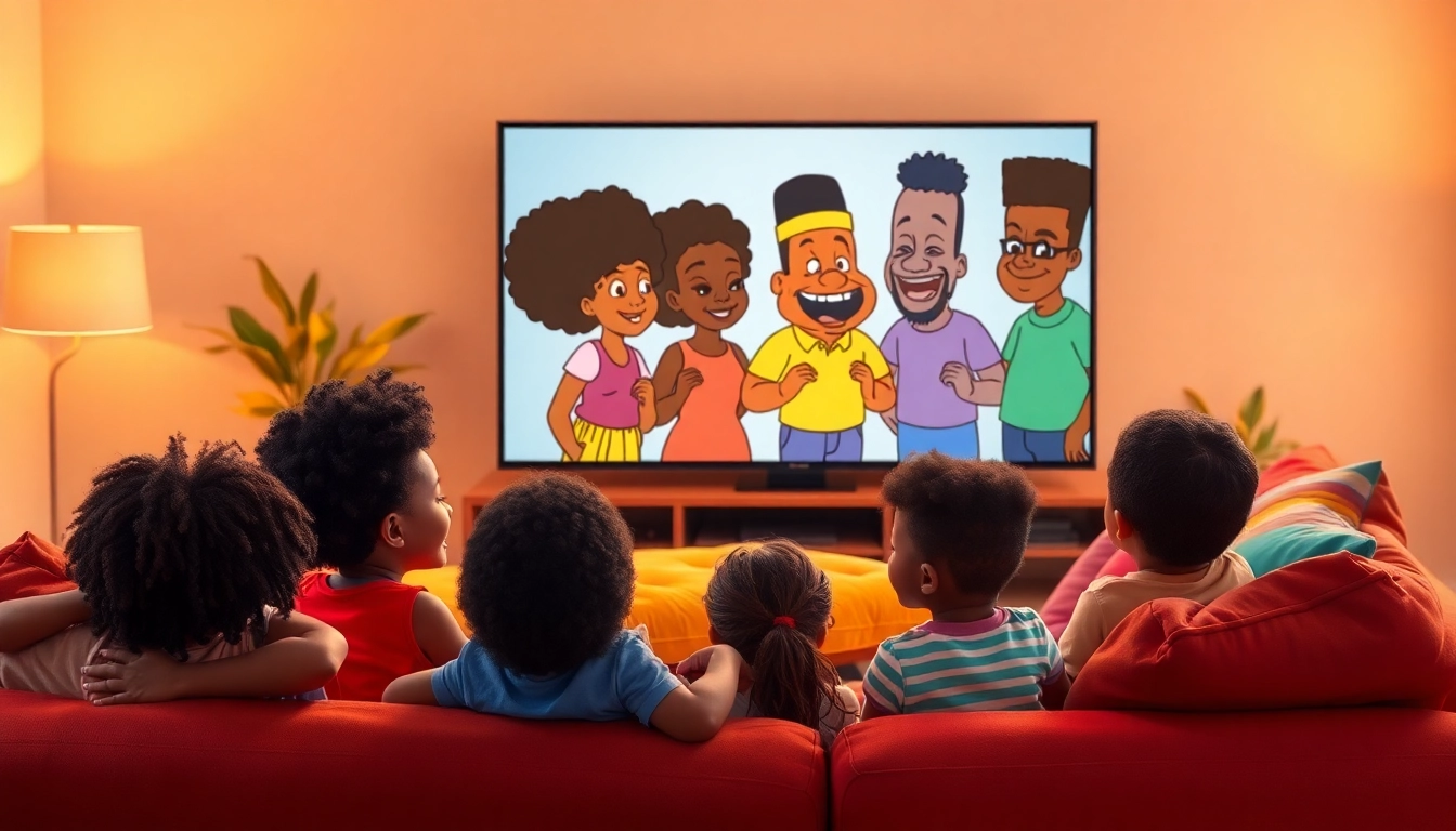 A cozy living room with children enjoying African American cartoons, showcasing joy and diversity.