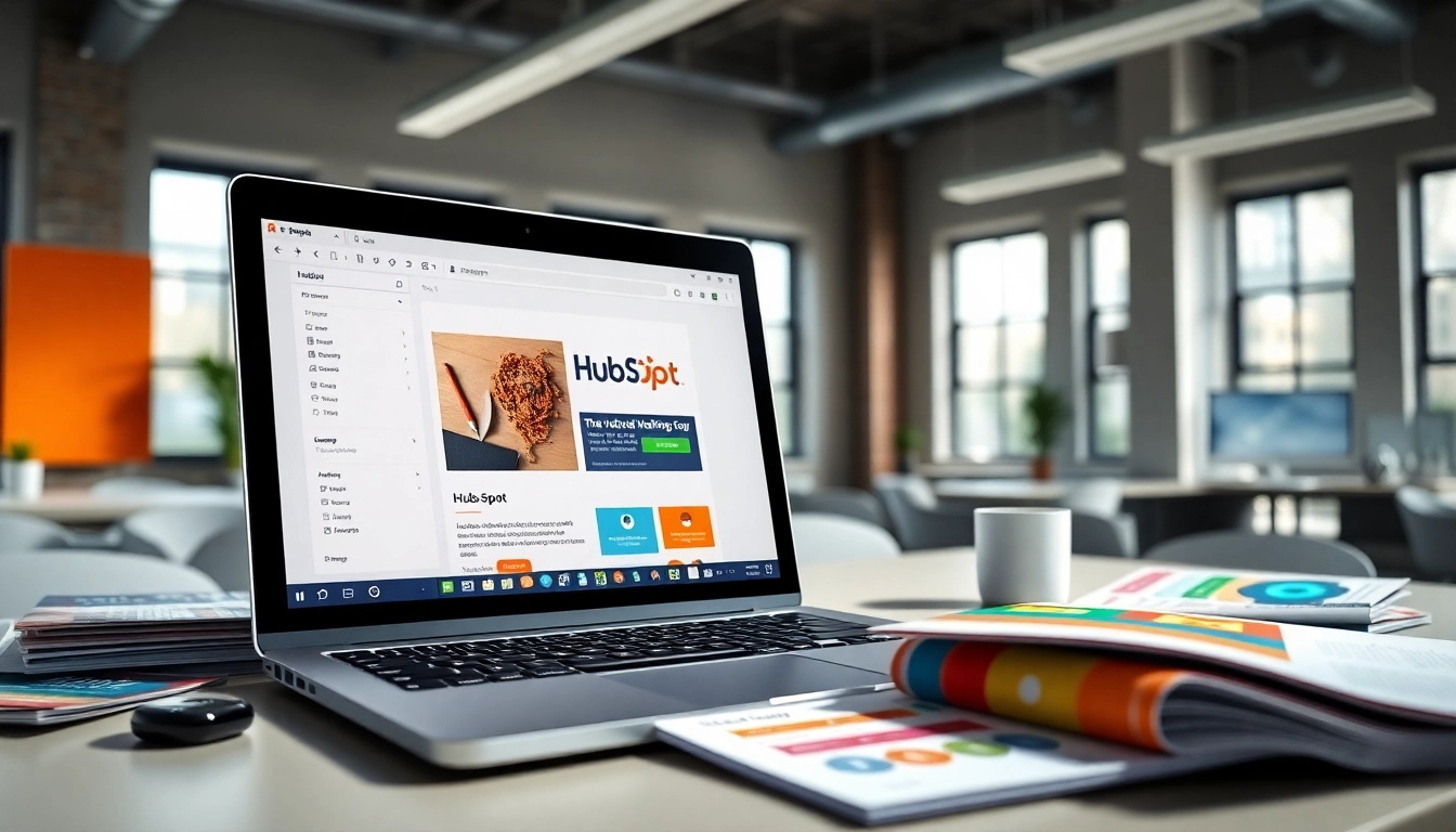 Crafting engaging hubspot marketing email with vibrant marketing materials in a bright office.