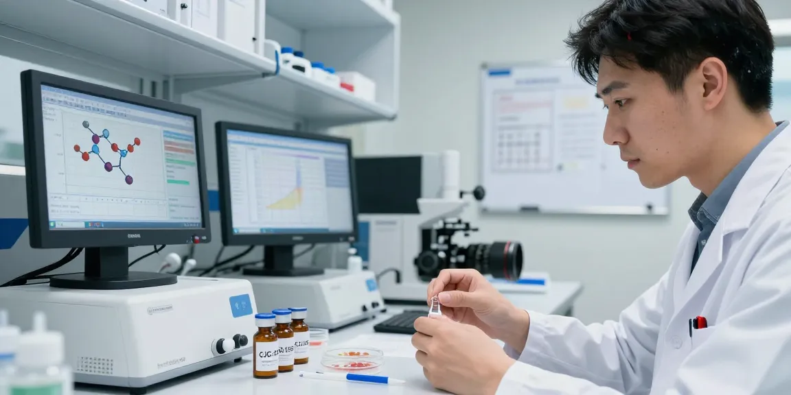 CJC-1295 research peptides analysis in a health lab, showcasing professional lab equipment and peptide vials.