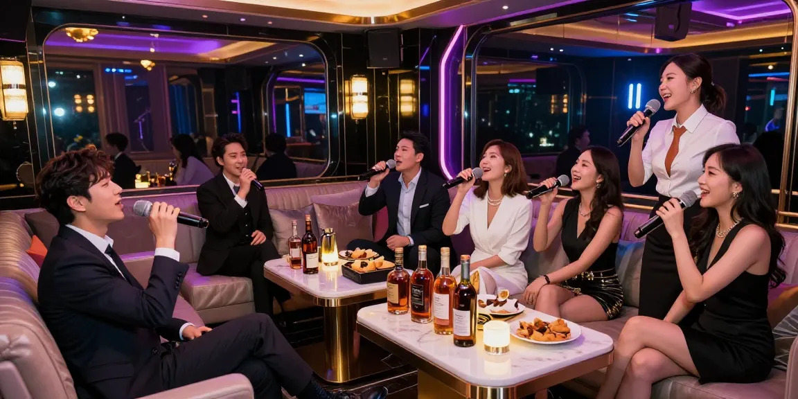 Experience the vibrant nightlife at https://www.gangnamtune.com/ with luxury karaoke, friends enjoying premium drinks, and engaging managers in a glamorous setting.