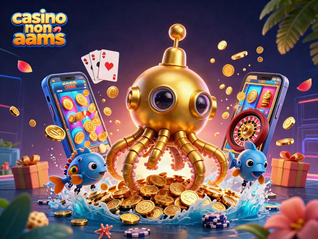 Giocatori esplorano il mondo dei casinò non AAMS con un kraken subacqueo e simboli d'azzardo.