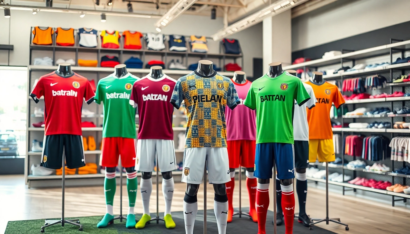 Showcase of team football kits featuring vibrant colors and dynamic designs in a sports retail setting.