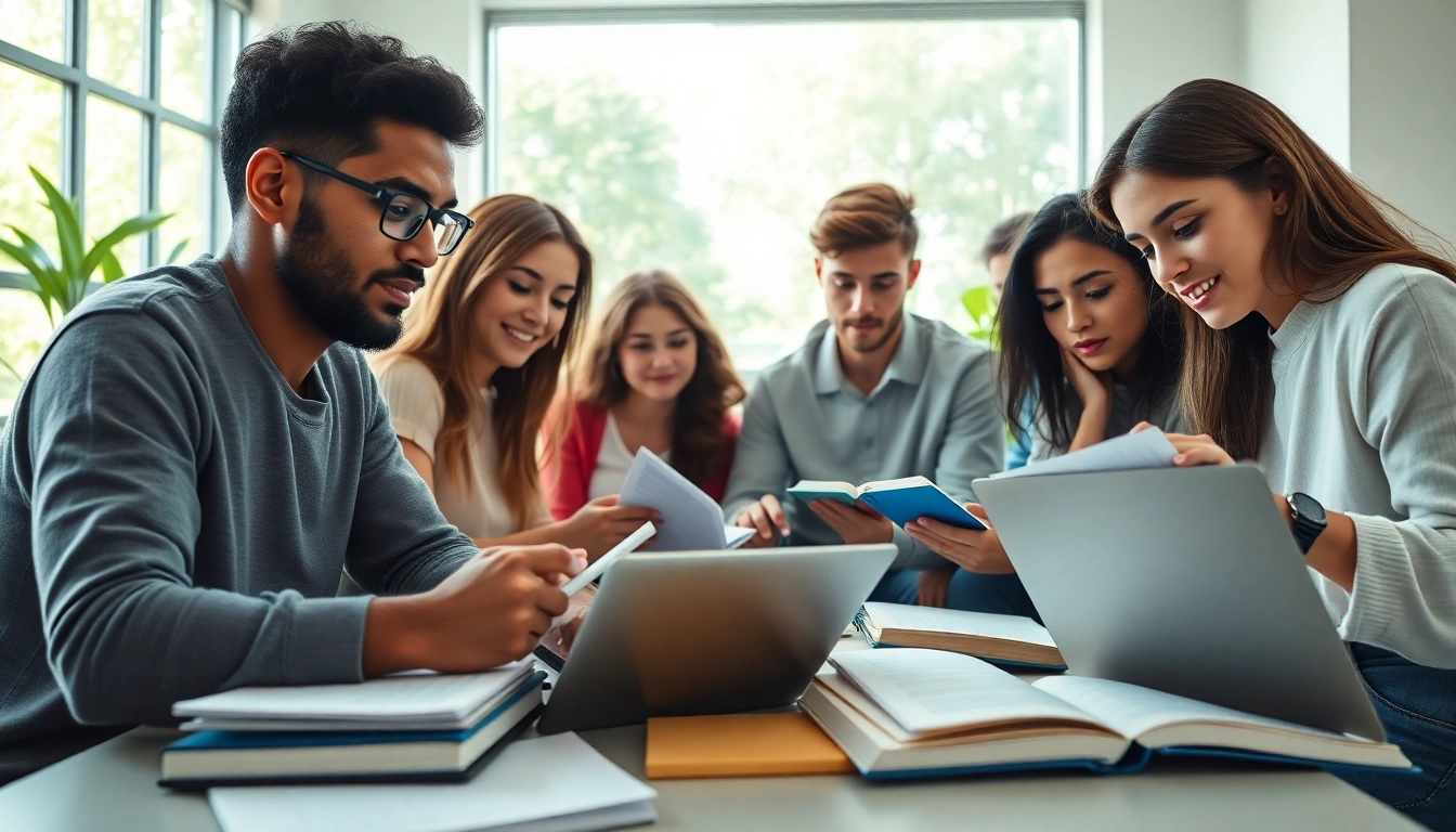 Engaged TOEFL test takers for hire collaborating in a bright study environment.