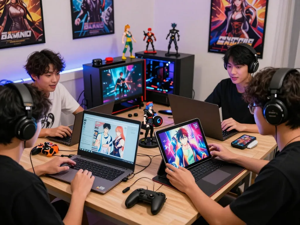Players engaged in a free porn game experience, showcasing various devices and colorful gaming elements in a lively atmosphere.
