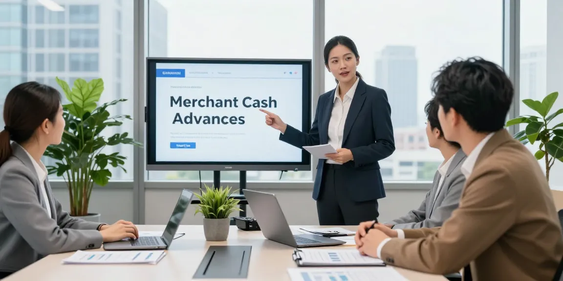 Discussing merchant cash advance pros and cons in a modern office setting with a financial advisor and a business owner.