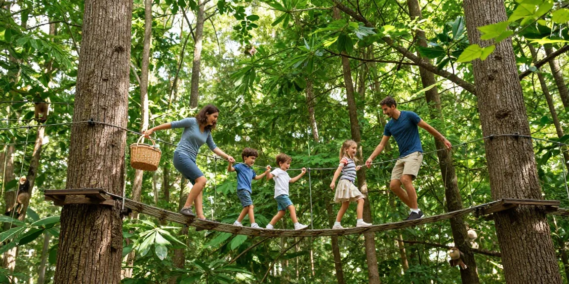 Family enjoying a rope bridge adventure in a lush forest.