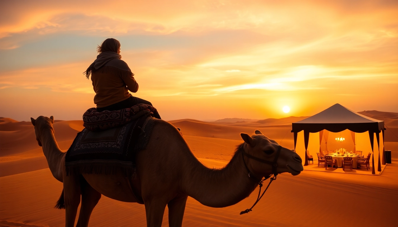 Agafay desert camel ride and dinner with a show at sunset featuring a camel, Berber tent, and vibrant desert landscape.
