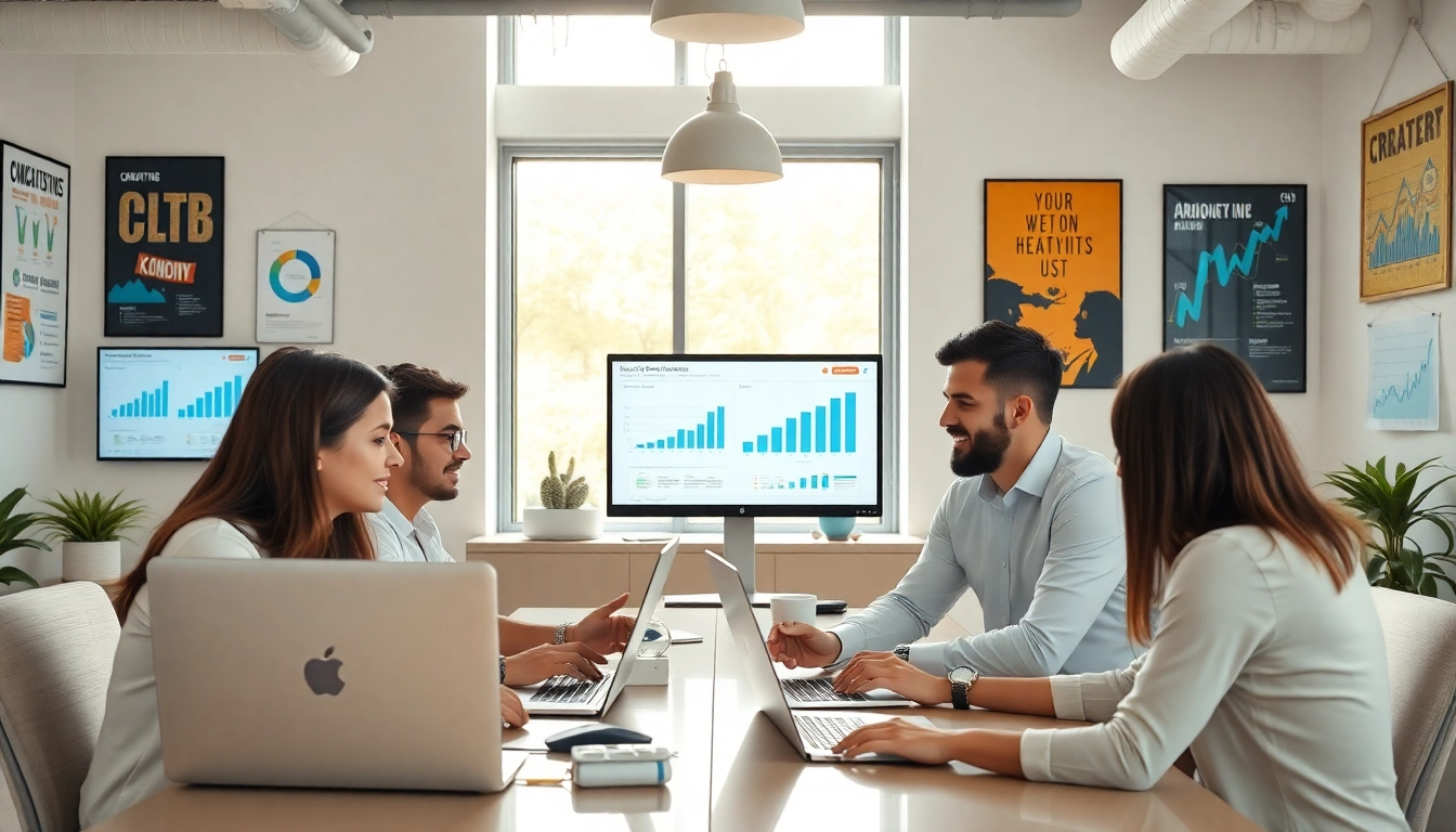 Engaged team at a digital marketing company collaborating on digital strategies.