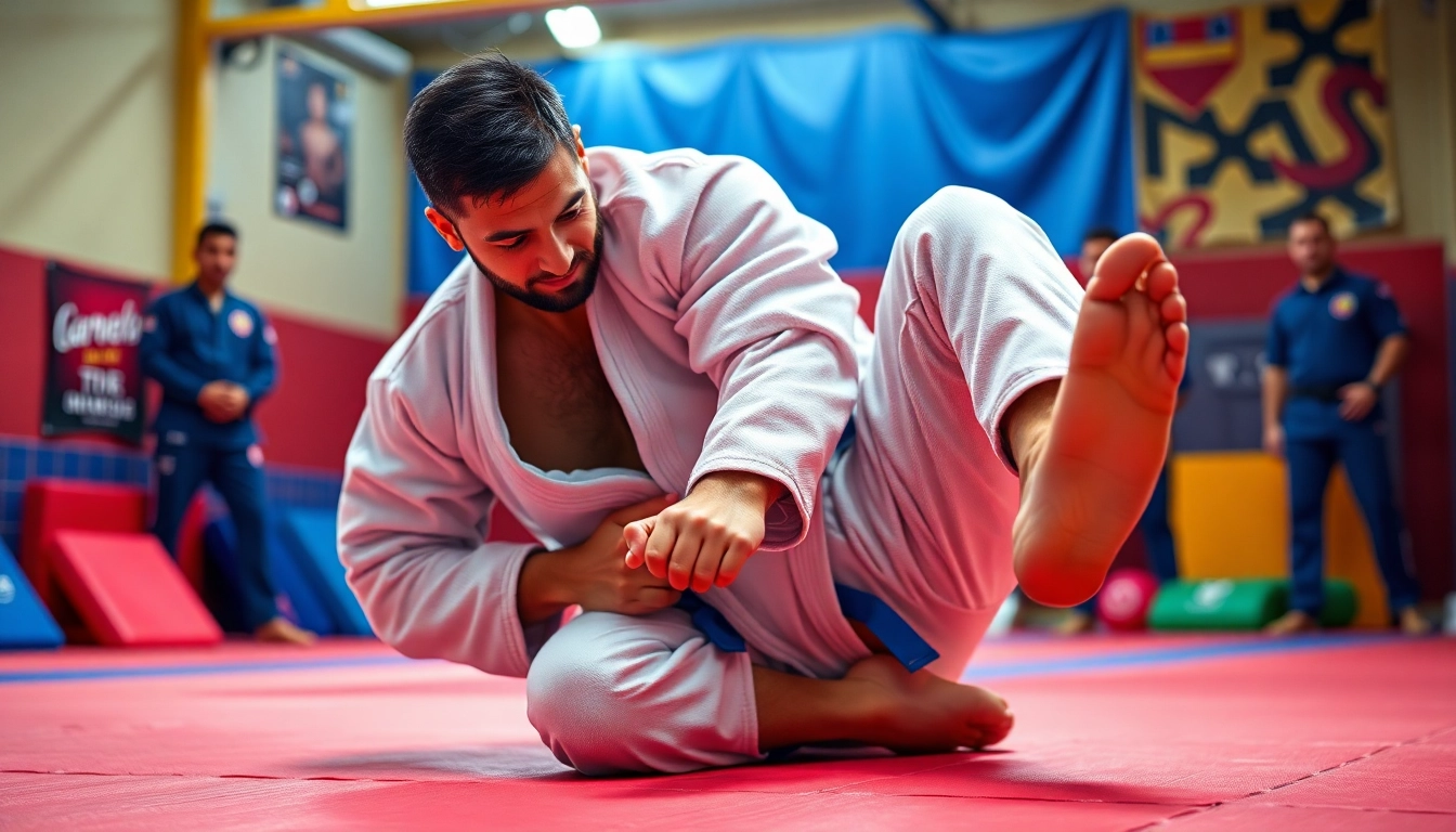 Practitioner showcasing BJJ gear during a training session in an energetic dojo.