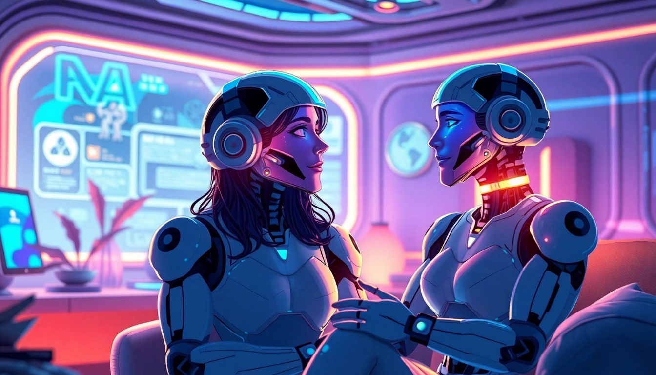 Intimate interaction with AI sex chatbot in a futuristic virtual space.