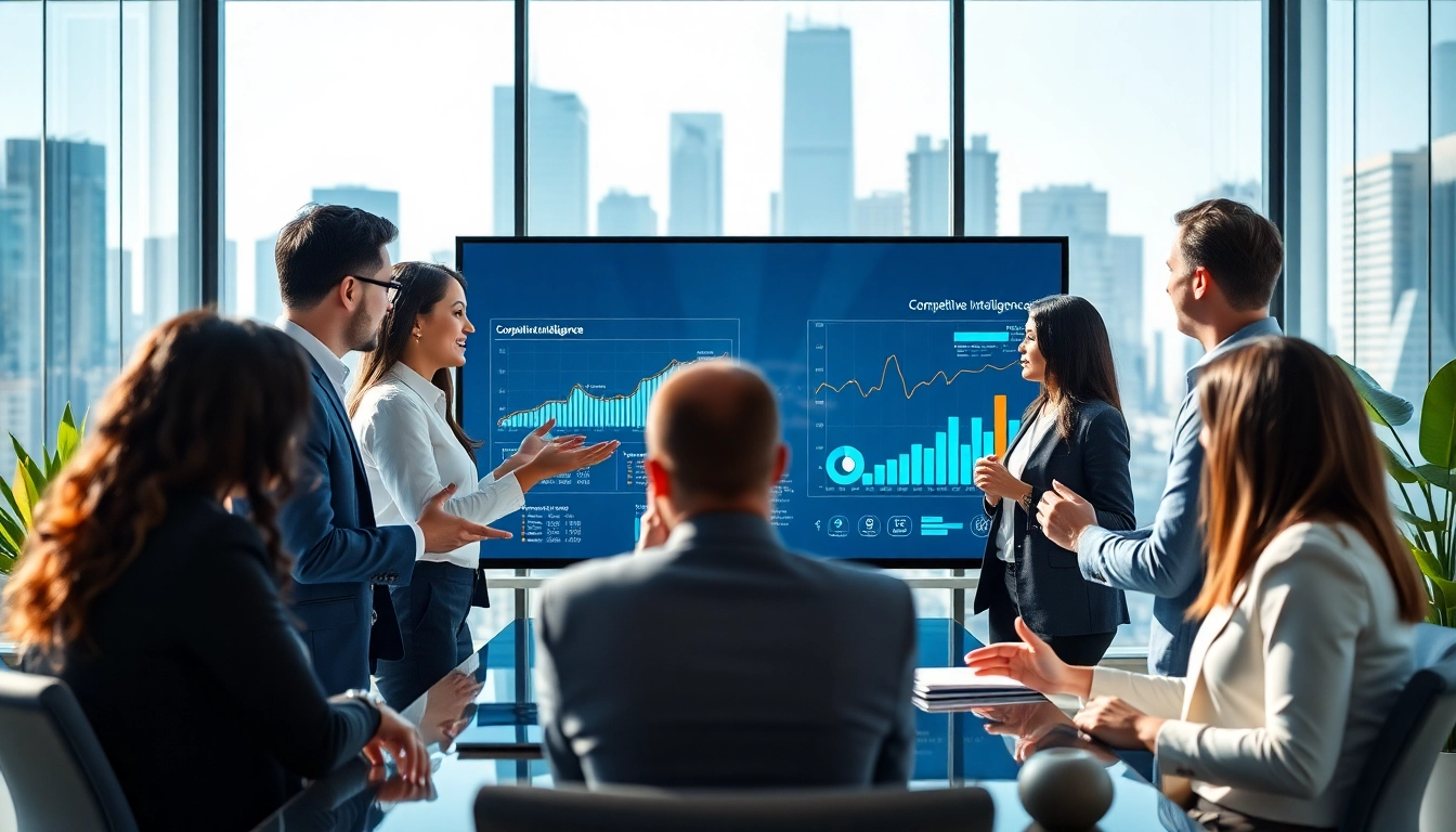 Engage in a discussion about competitive intelligence with professionals in a modern office setting.