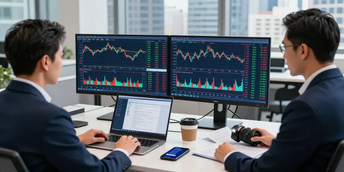 Trader analyzing NASDAQ live data on multiple screens in a modern office.