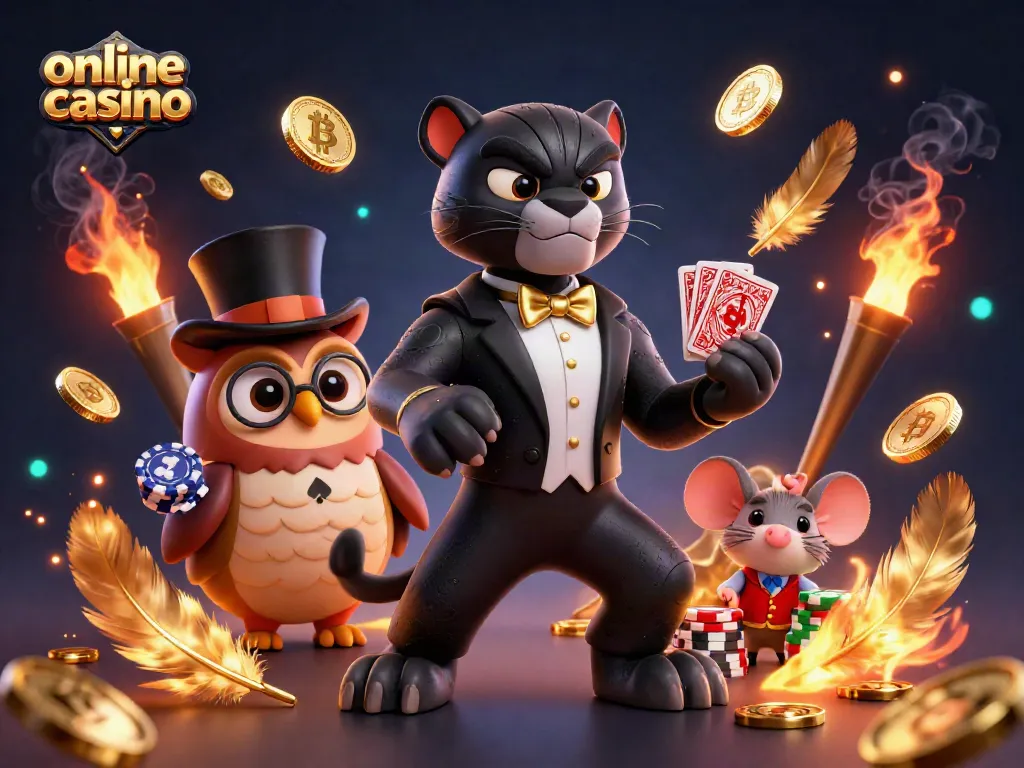 Juega en un casino online con la elegante pantera negra y sus amigos en un entorno vibrante de fichas y monedas.