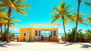 Enjoy a family gathering at a coastal cabana, highlighting its vibrant yellow exterior and beachside setting.