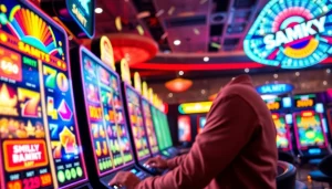 Menampilkan permainan slot online pakde4d slot dengan mesin slot berwarna-warni dan pemain antusias.