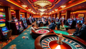 Casino gaming scene featuring KJC brand elements, showcasing vibrant tables and exciting players.