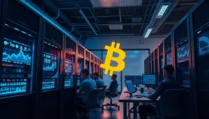 Visual representation of bitcoin cloud mining technology in a modern office setup.