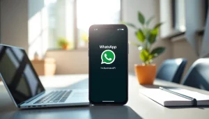 Showcasing WhatsApp Business API usage in a modern office environment with a smartphone interface.