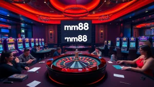 Experience mm88 thrill with players at roulette and poker tables amidst a vibrant casino ambiance.