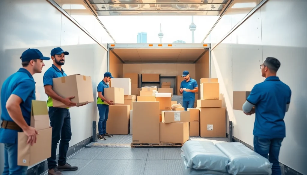Expert Toronto movers efficiently loading items in a truck with the Toronto skyline in the background.