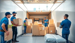 Expert Toronto movers efficiently loading items in a truck with the Toronto skyline in the background.