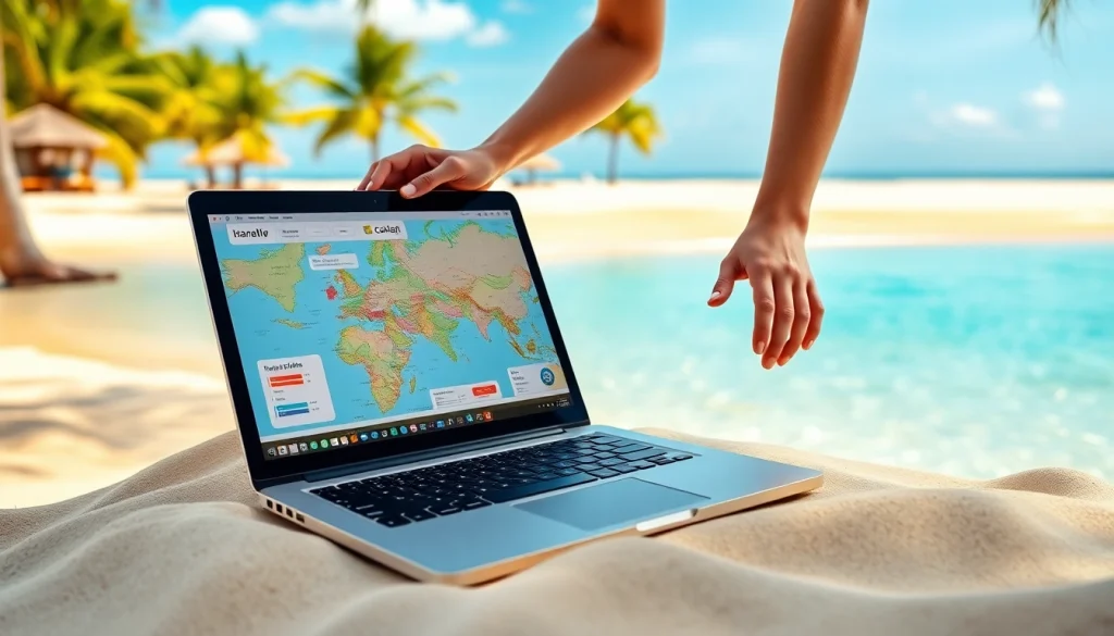 Cabo trip planner creating an itinerary on a beach with vibrant colors and sunny atmosphere.