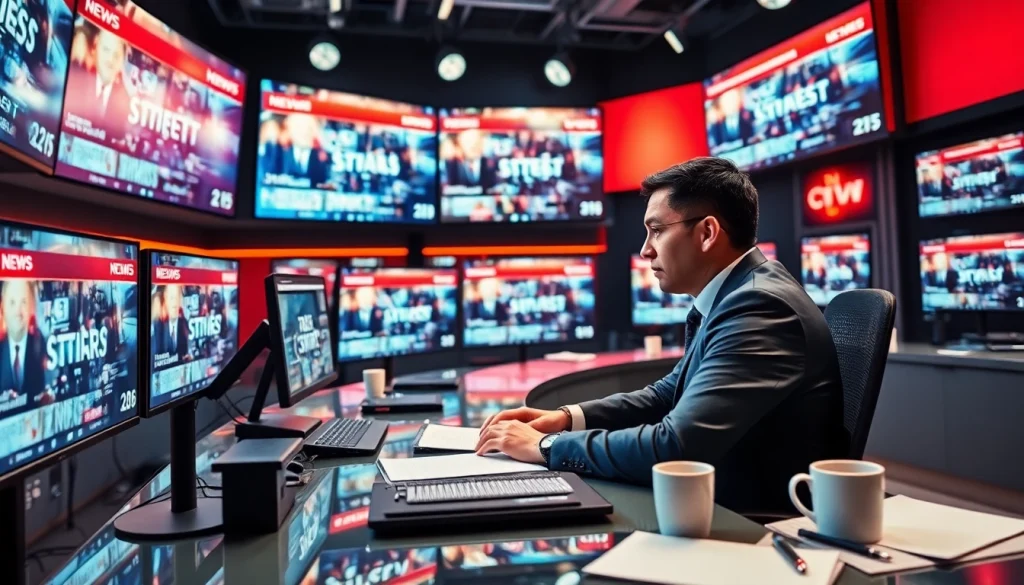 Journalist typing news updates at a modern desk as per diknews.co.uk