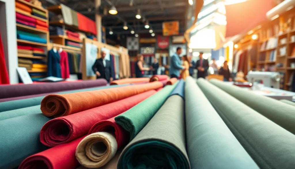 Punta di Roma stoffen in een levendige marktscene met kleurrijke rollen en creatieve ontwerpers.