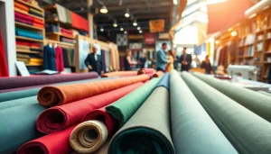 Punta di Roma stoffen in een levendige marktscene met kleurrijke rollen en creatieve ontwerpers.