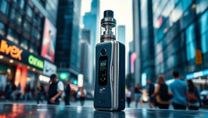 OXVA Vape-Gerät in einer urbanen Umgebung mit glänzendem Design und lebhaftem Hintergrund.