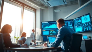 Managed Cybersecurity Tampa professionals in a modern office setting, monitoring digital security systems.