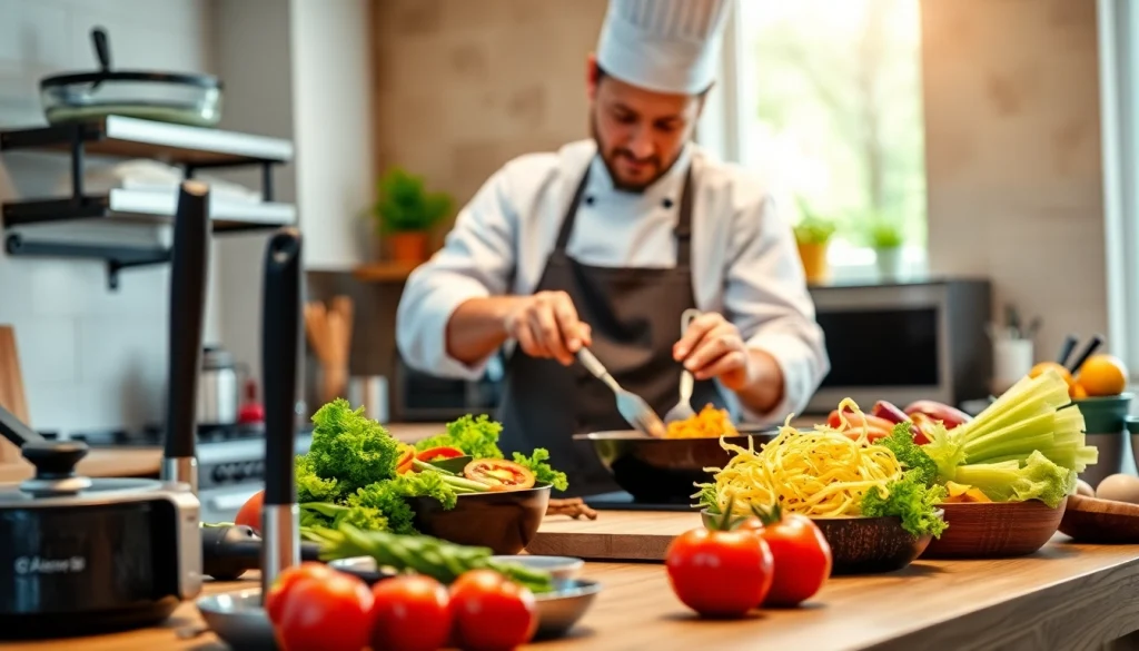 Showcase kitchenware gift ideas NZ with a chef cooking in a vibrant modern kitchen.