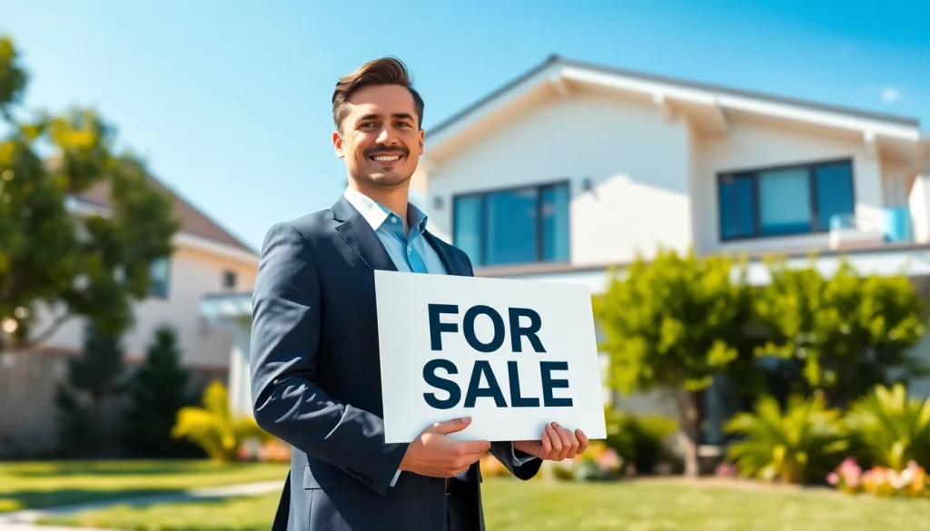 Real Estate agent showcasing a modern home with a bright "For Sale" sign in a charming neighborhood.
