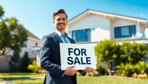 Real Estate agent showcasing a modern home with a bright "For Sale" sign in a charming neighborhood.