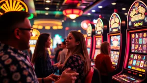 Permainan pakde4d slot yang mengasyikkan dengan pemain bersemangat di suasana kasino yang ceria.