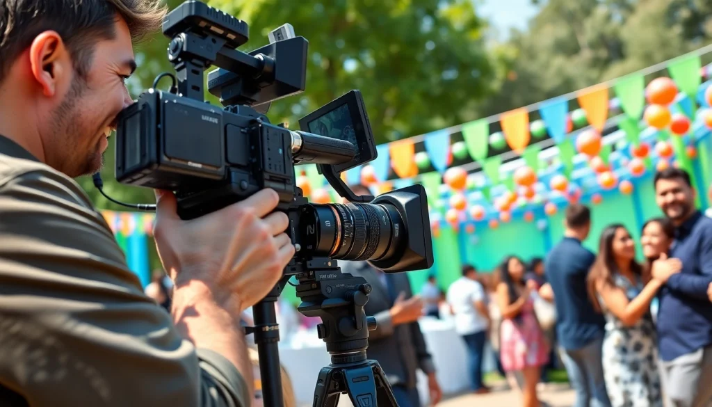 Capture the essence of event videography with professionals filming an outdoor gathering in vibrant colors.