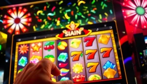 Putar slot online di mesin yang berkilau dengan simbol berwarna cerah dan kesenangan.