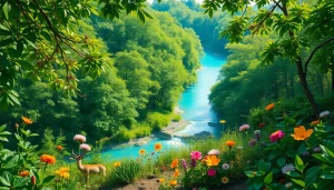 Showcase the essence of sustainability with a vibrant forest and river at https://www.unsustainablemagazine.com