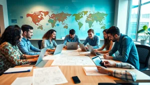 Visual representation of wordpress development outsourcing with a collaborative team in an energetic office.