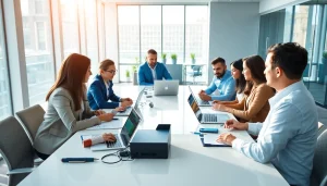 Group collaborating on small business jobs in a modern office setting with bright lighting.