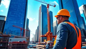 New York Construction Manager supervising a dynamic construction site in Manhattan's skyline.