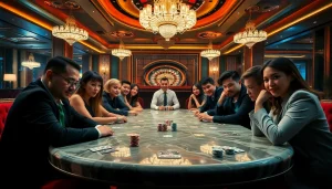 Players at a poker table in a casino engaging in strategic gameplay at https://jun88.buzz/.