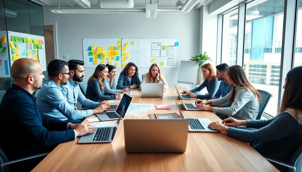 Engaged team discussing strategies for a leading seo marketing agency in a bright office.