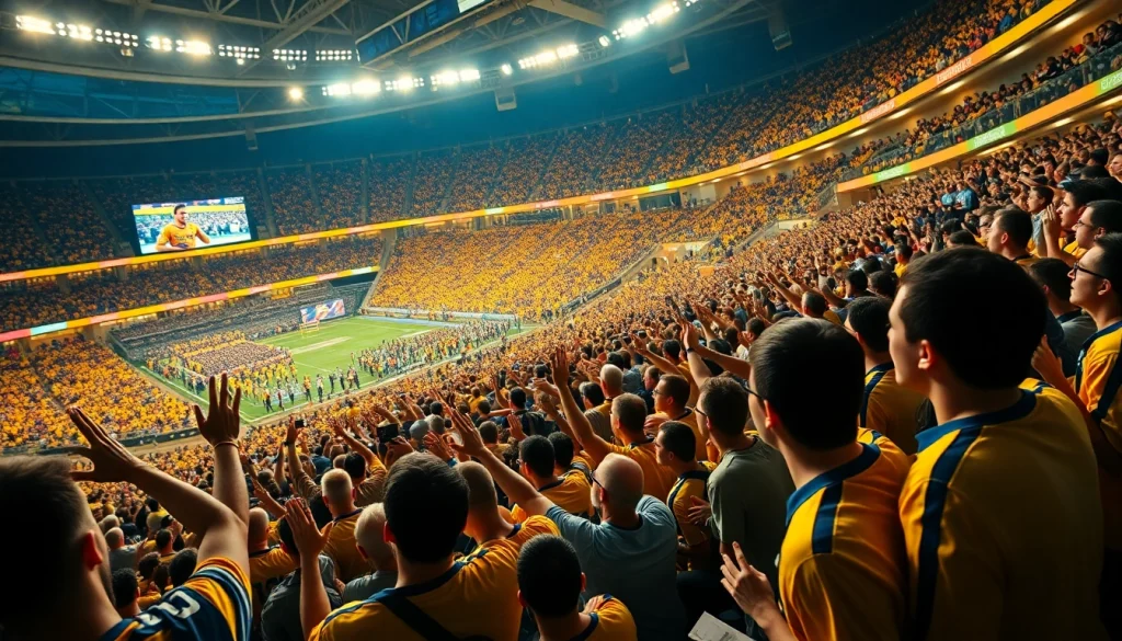 스포츠중계 중인 열광적인 팬들과 경기장 속 생생한 장면.