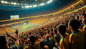 스포츠중계 중인 열광적인 팬들과 경기장 속 생생한 장면.