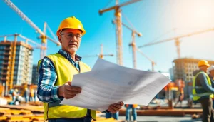 New Jersey General Contractor managing a vibrant construction site filled with workers and machinery.